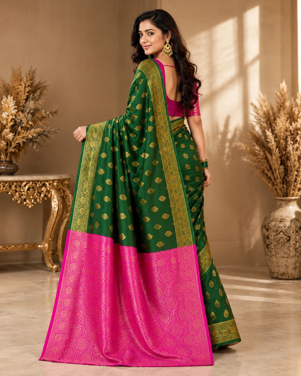 Emerald Green & Rani Pink Banarasi Art Silk Saree with Zari Motifs and Designer Pallu