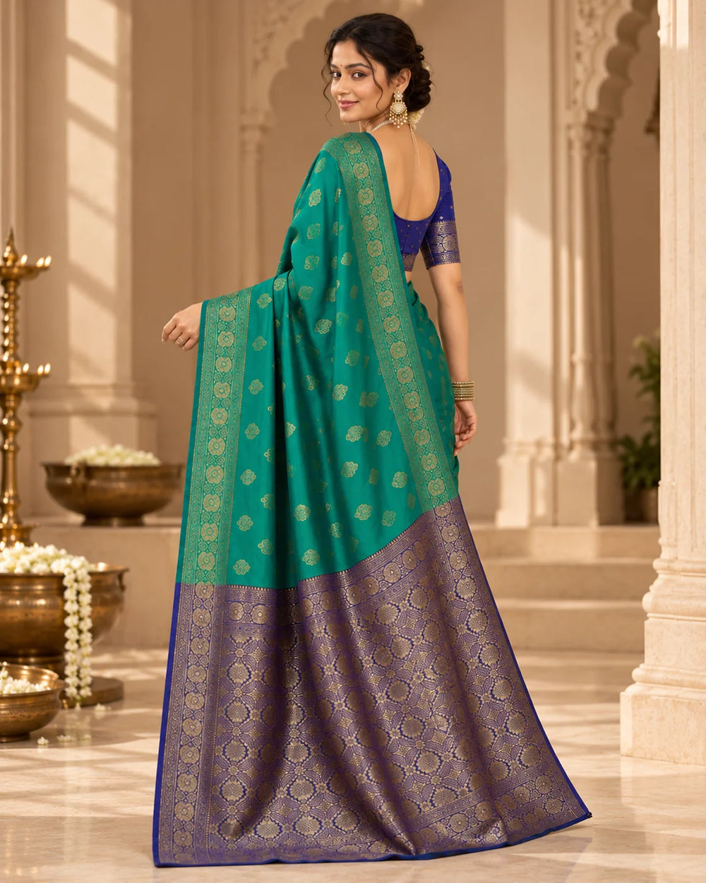 Teal Green & Royal Blue Banarasi Zari Buti Saree