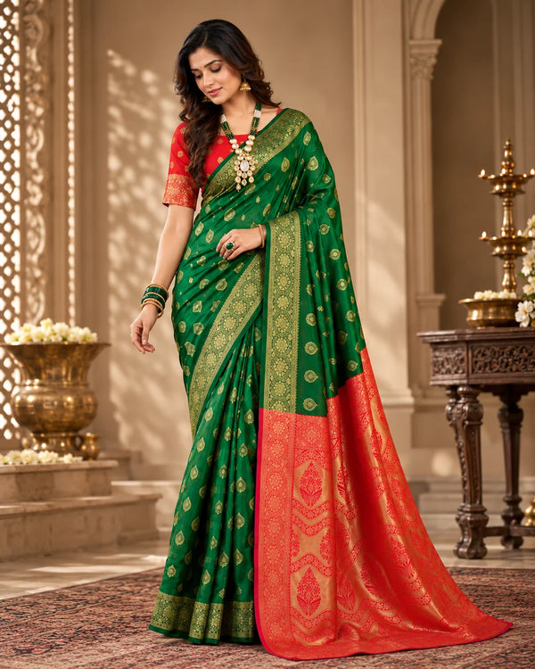 Emerald Green & Red Banarasi Zari Buti Saree
