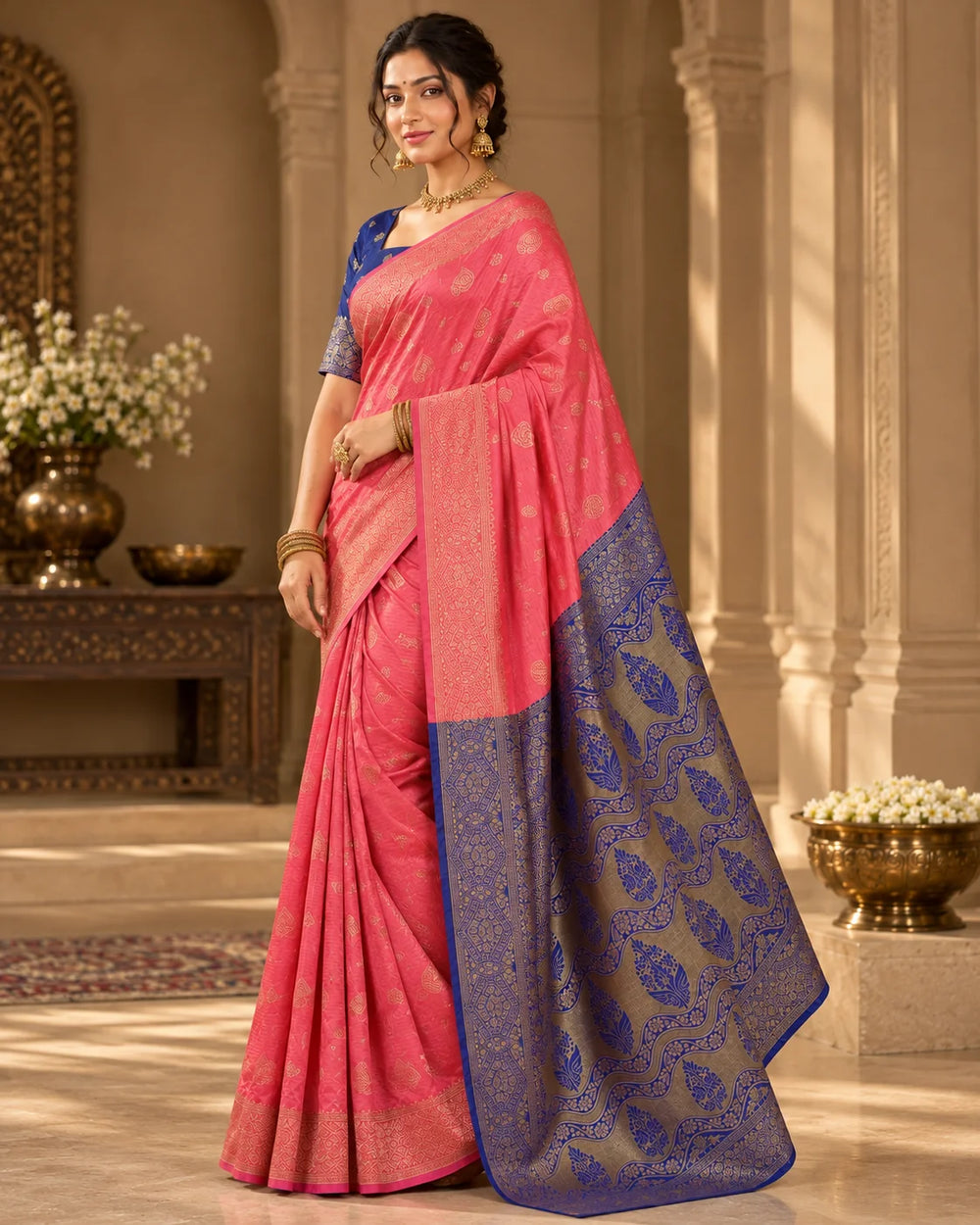 Coral Pink & Royal Blue Banarasi Zari Buti Saree