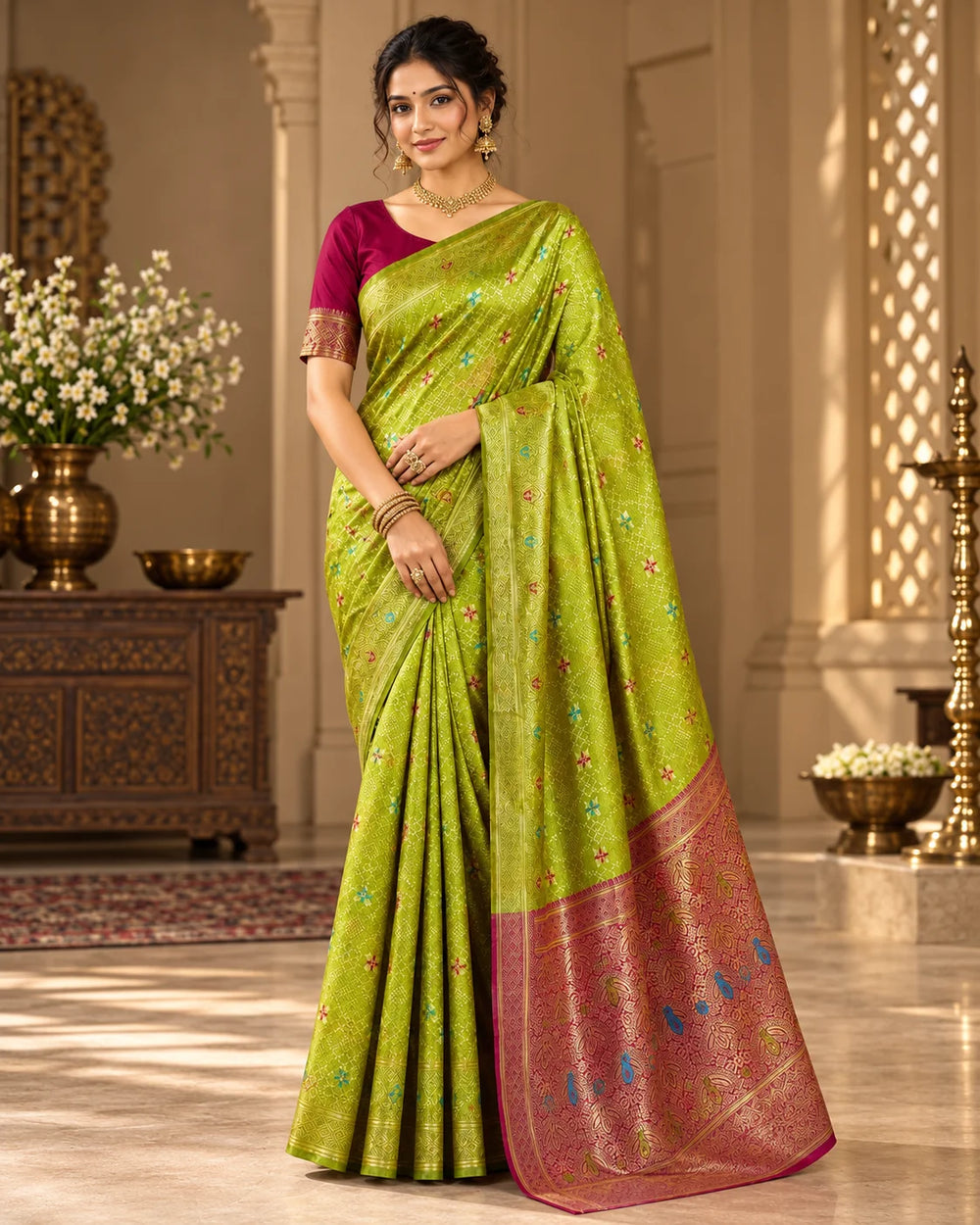 Elegant Green Banarasi Woven Saree with Traditional Floral Motifs & Rich Zari Pallu