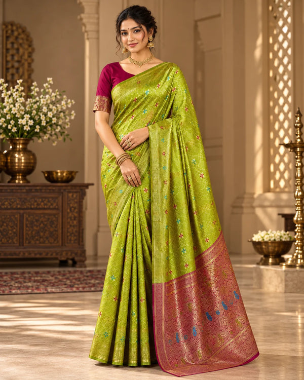 Elegant Green Banarasi Woven Saree with Traditional Floral Motifs & Rich Zari Pallu