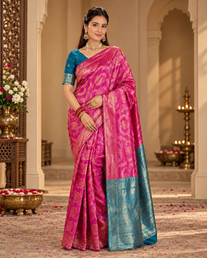 Fuchsia Pink & Teal Woven Silk Saree with Gold Floral Motifs & Traditional Pallu