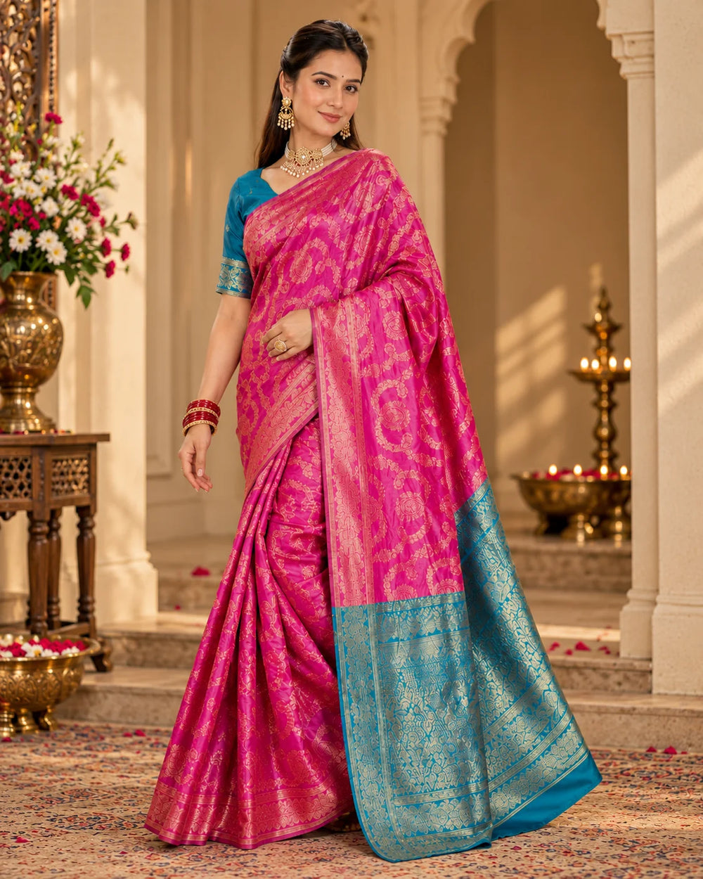 Fuchsia Pink & Teal Woven Silk Saree with Gold Floral Motifs & Traditional Pallu