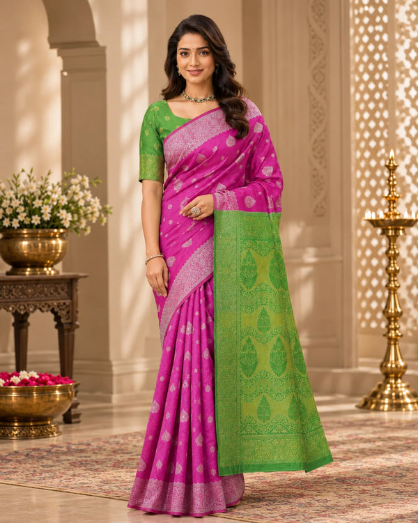 Pink & Green Woven Silk Saree with Intricate Traditional Motifs & Designer Pallu