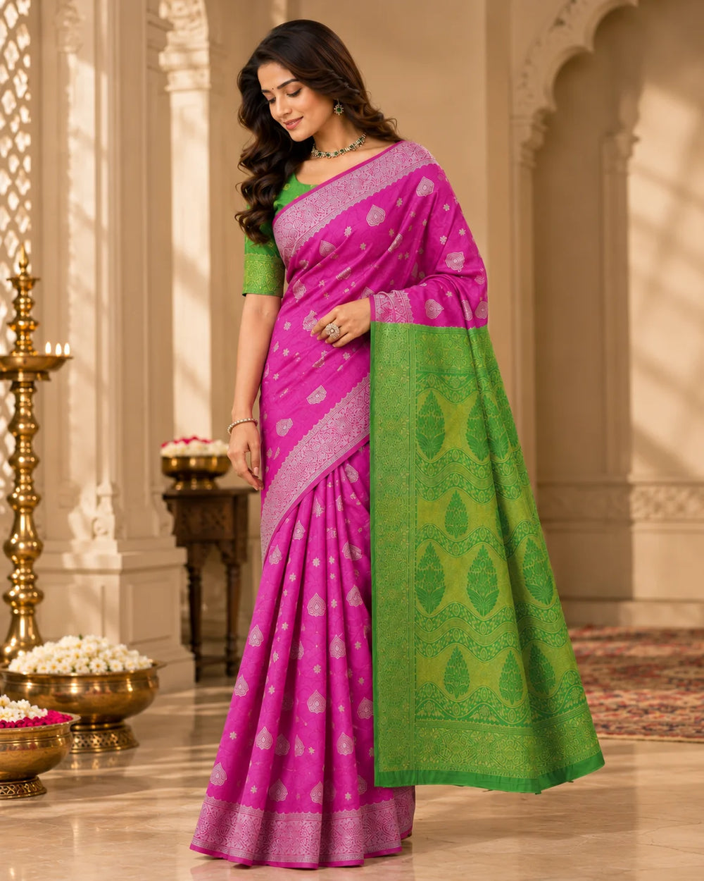 Pink & Green Woven Silk Saree with Intricate Traditional Motifs & Designer Pallu