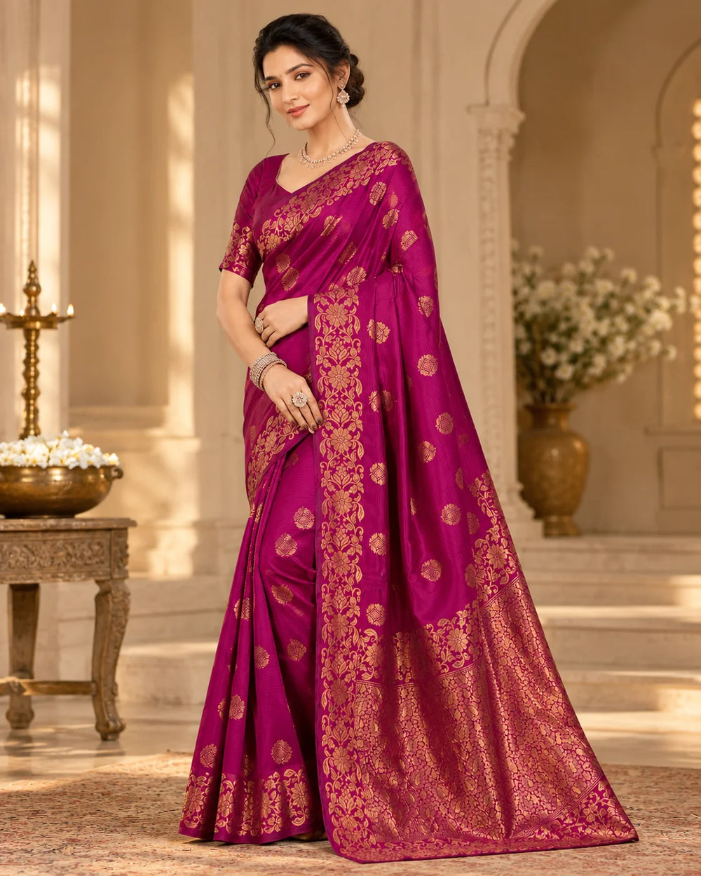 Royal Magenta Banarasi Art Silk Saree with Antique Gold Floral Zari Work