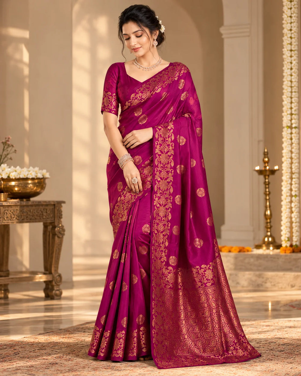 Royal Magenta Banarasi Art Silk Saree with Antique Gold Floral Zari Work