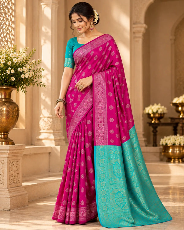 Magenta Banarasi Saree with Teal Pallu & Zari Border