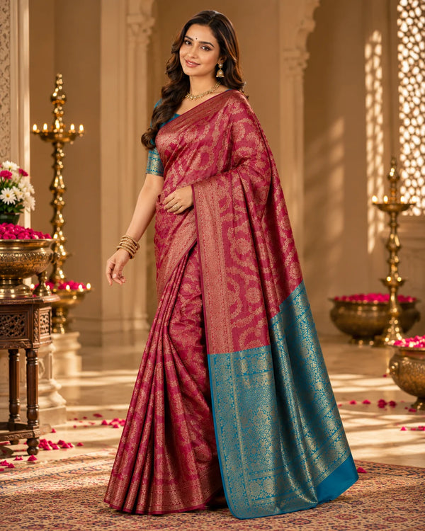 Maroon & Teal Woven Silk Saree with Gold Paisley Motifs & Ornate Pallu