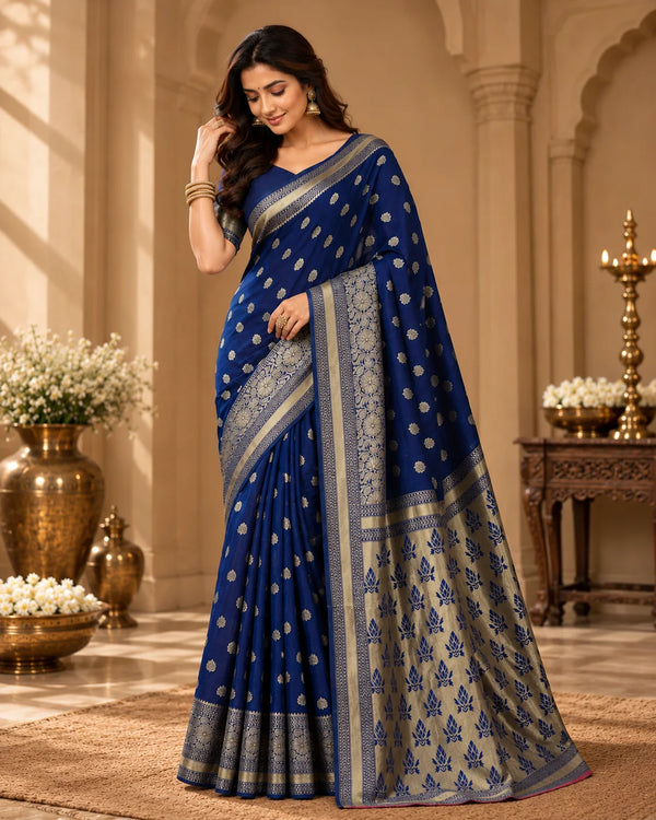 Royal Blue Woven Silk Saree with Silver-Gold Floral Motifs & Contrasting Designer Pallu
