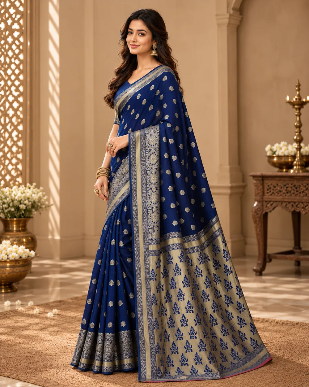 Royal Blue Woven Silk Saree with Silver-Gold Floral Motifs & Contrasting Designer Pallu