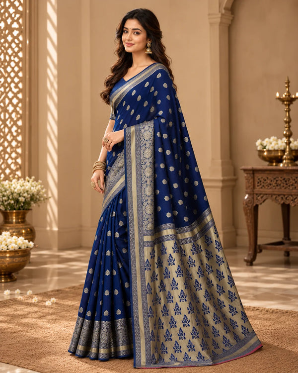 Royal Blue Woven Silk Saree with Silver-Gold Floral Motifs & Contrasting Designer Pallu