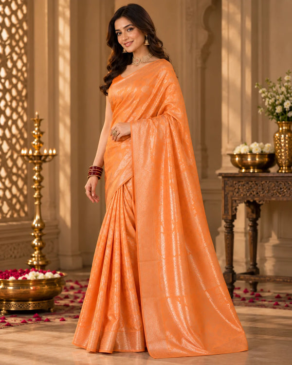 Vibrant Orange Woven Silk Saree with Intricate Floral & Traditional Motifs