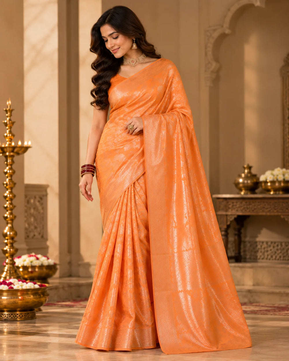 Vibrant Orange Woven Silk Saree with Intricate Floral & Traditional Motifs