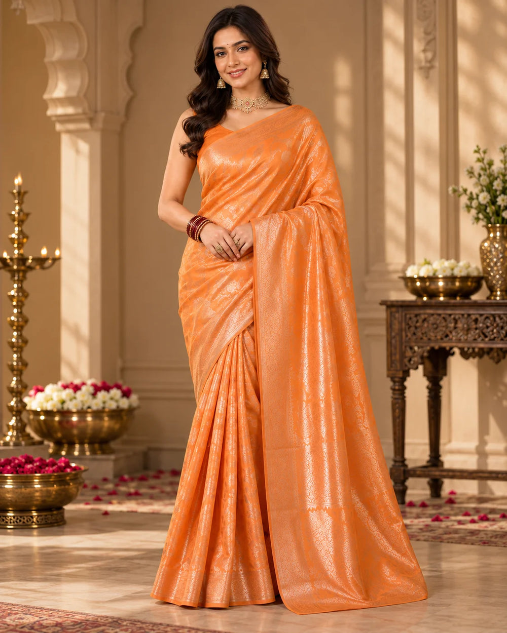 Vibrant Orange Woven Silk Saree with Intricate Floral & Traditional Motifs