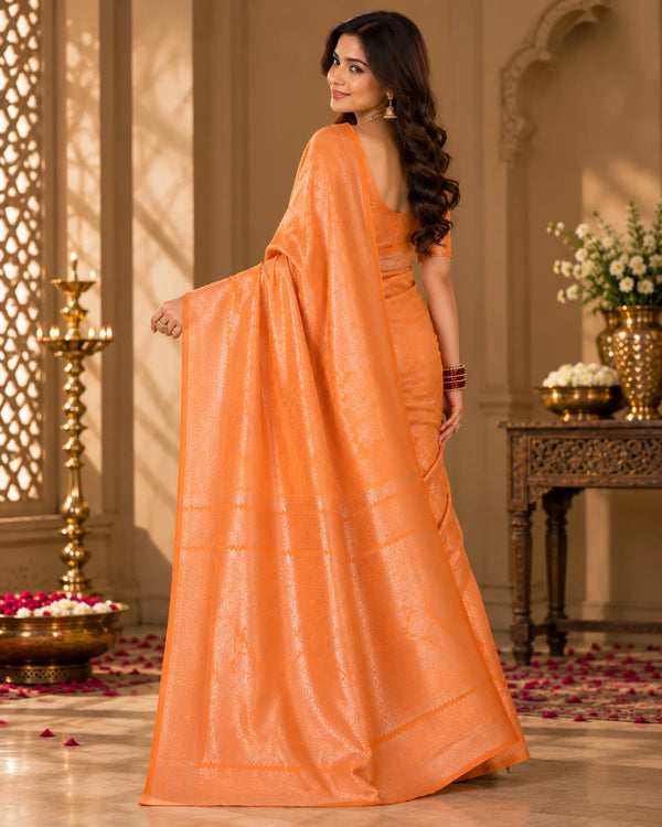 Vibrant Orange Woven Silk Saree with Intricate Floral & Traditional Motifs