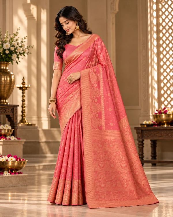 Elegant Pink Woven Saree with Rich Gold Traditional Pallu