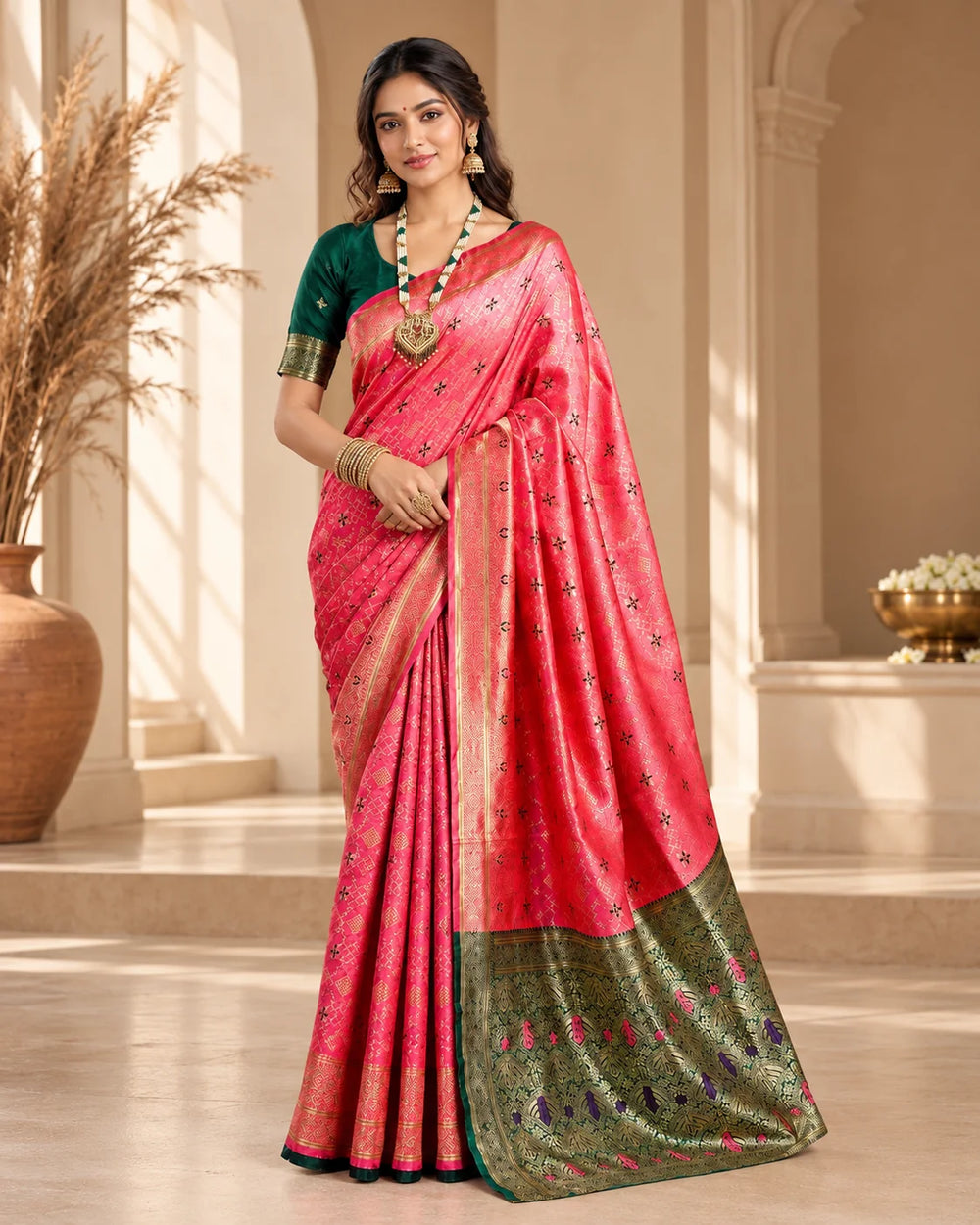 Elegant Pink Banarasi Saree with Green Gold Pallu & Traditional Woven Motifs
