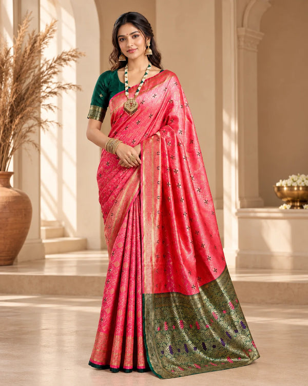 Elegant Pink Banarasi Saree with Green Gold Pallu & Traditional Woven Motifs