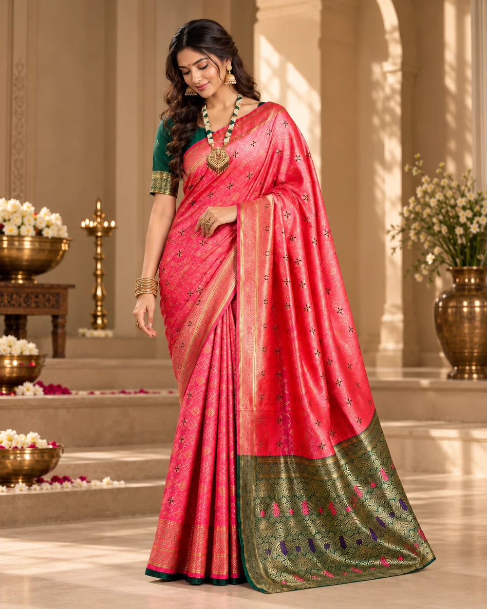 Elegant Pink Banarasi Saree with Green Gold Pallu & Traditional Woven Motifs