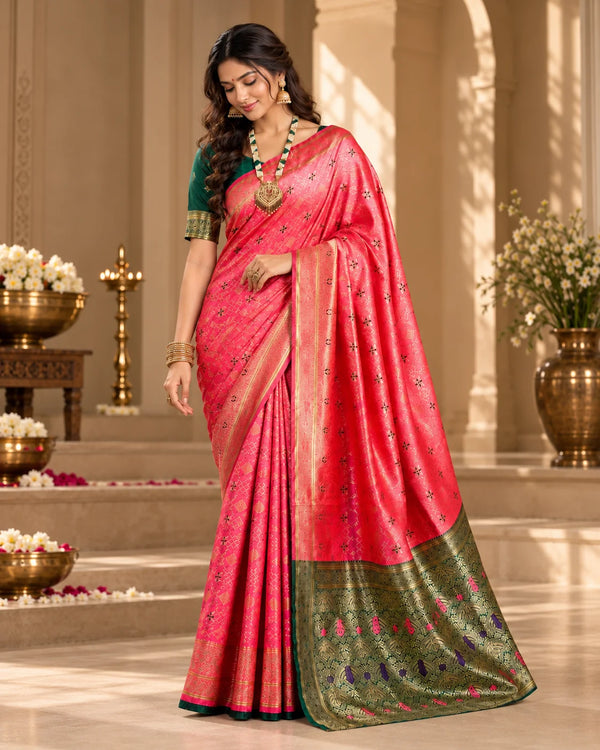 Elegant Pink Banarasi Saree with Green Gold Pallu & Traditional Woven Motifs