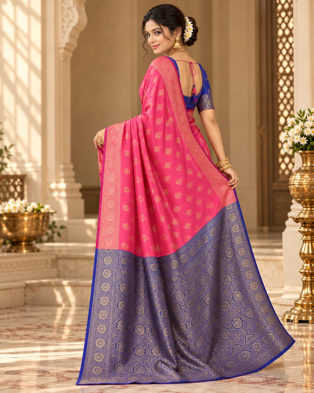 Pink & Royal Blue Banarasi Style Art Silk Saree with Gold Woven Motifs and Rich Contrast Pallu