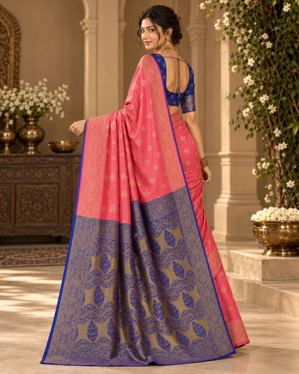 Coral Pink & Royal Blue Banarasi Zari Buti Saree