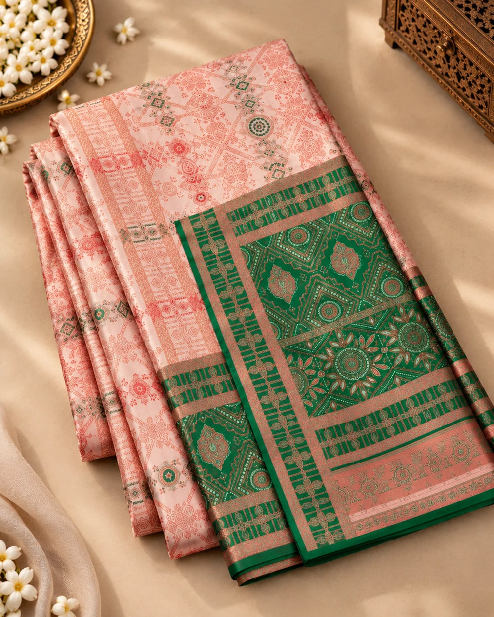 Blush Pink & Emerald Green Designer Traditional Saree