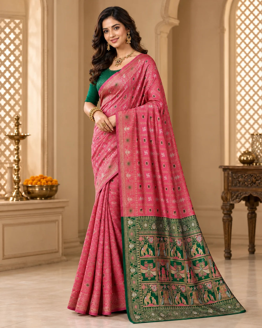 Pink & Green Woven Saree with Traditional Printed Pallu