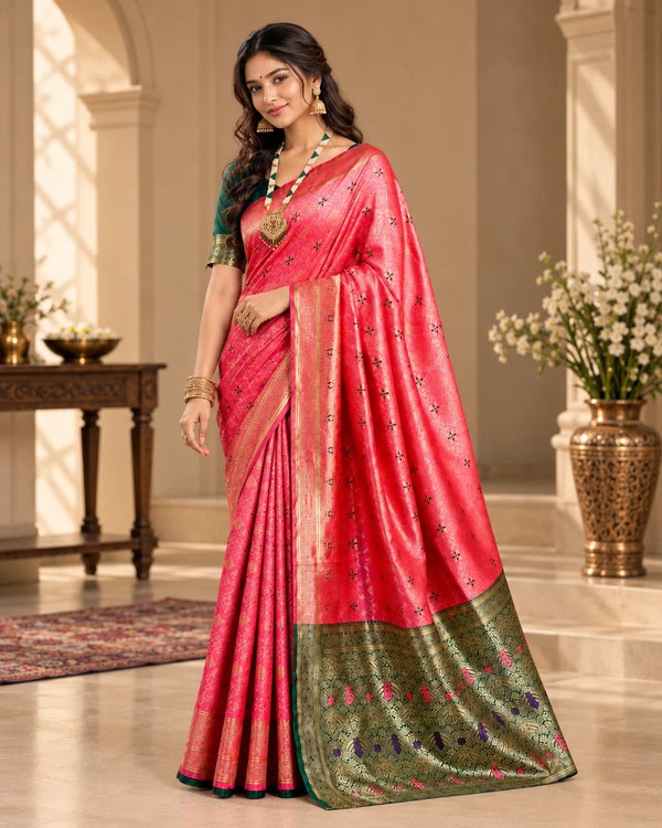 Elegant Pink Banarasi Saree with Green Gold Pallu & Traditional Woven Motifs