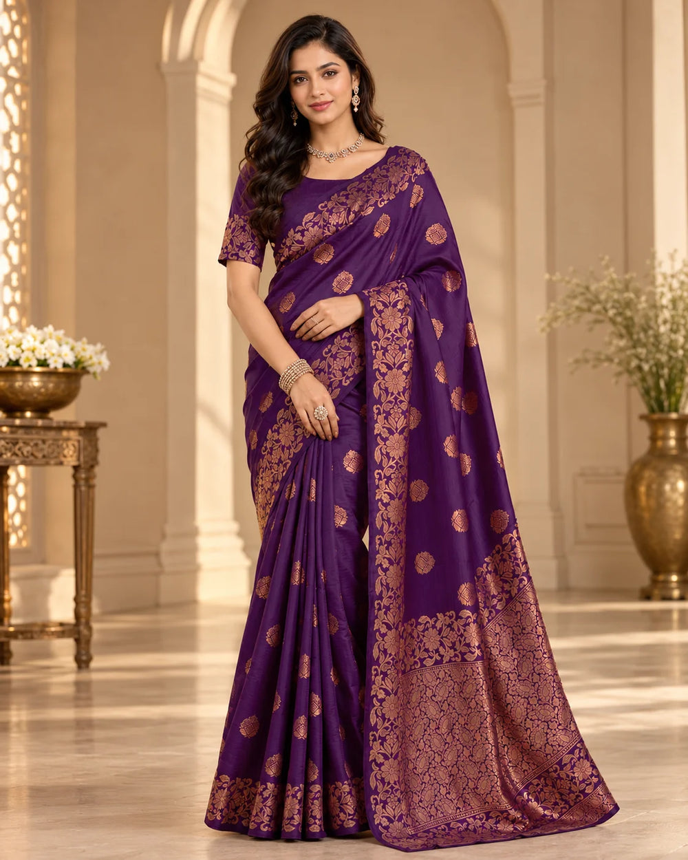 Royal Purple Art Silk Saree with Antique Gold Floral Zari Border & Designer Pallu