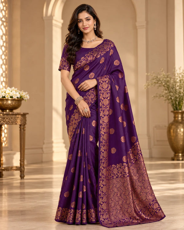 Royal Purple Art Silk Saree with Antique Gold Floral Zari Border & Designer Pallu