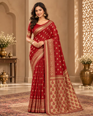 Elegant Red Woven Silk Saree with Intricate Golden Motifs & Rich Traditional Border