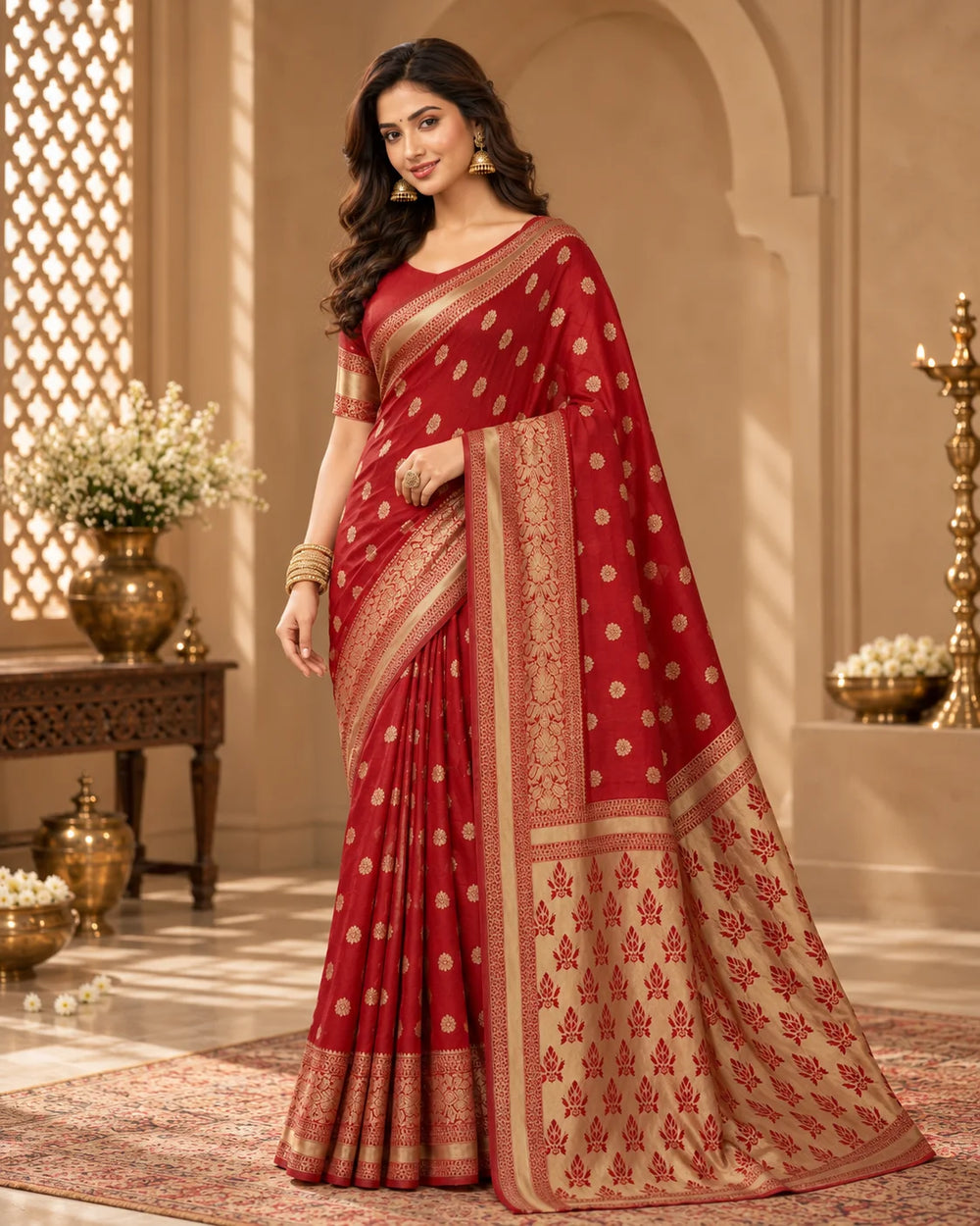 Elegant Red Woven Silk Saree with Intricate Golden Motifs & Rich Traditional Border