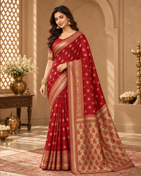 Elegant Red Woven Silk Saree with Intricate Golden Motifs & Rich Traditional Border