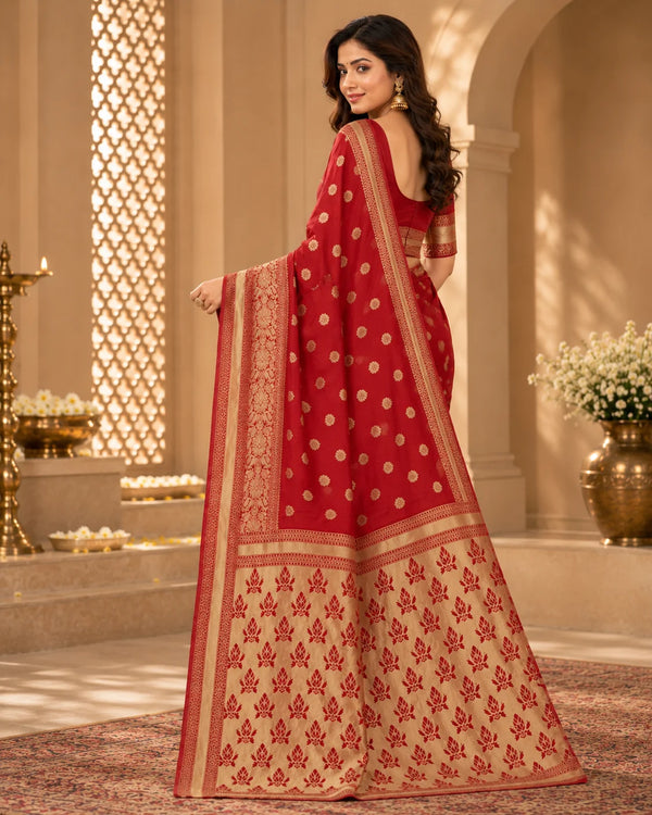 Elegant Red Woven Silk Saree with Intricate Golden Motifs & Rich Traditional Border