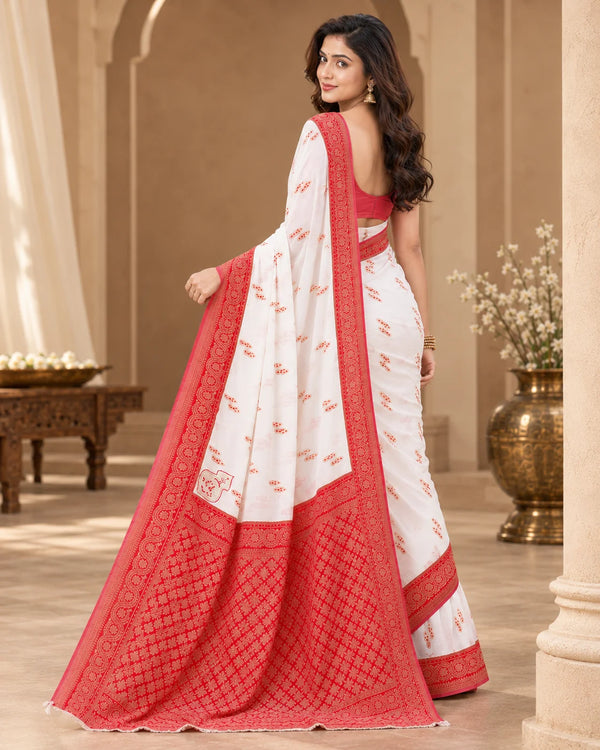 Elegant White & Red Traditional Woven Saree with Intricate Red Border & Designer Pallu