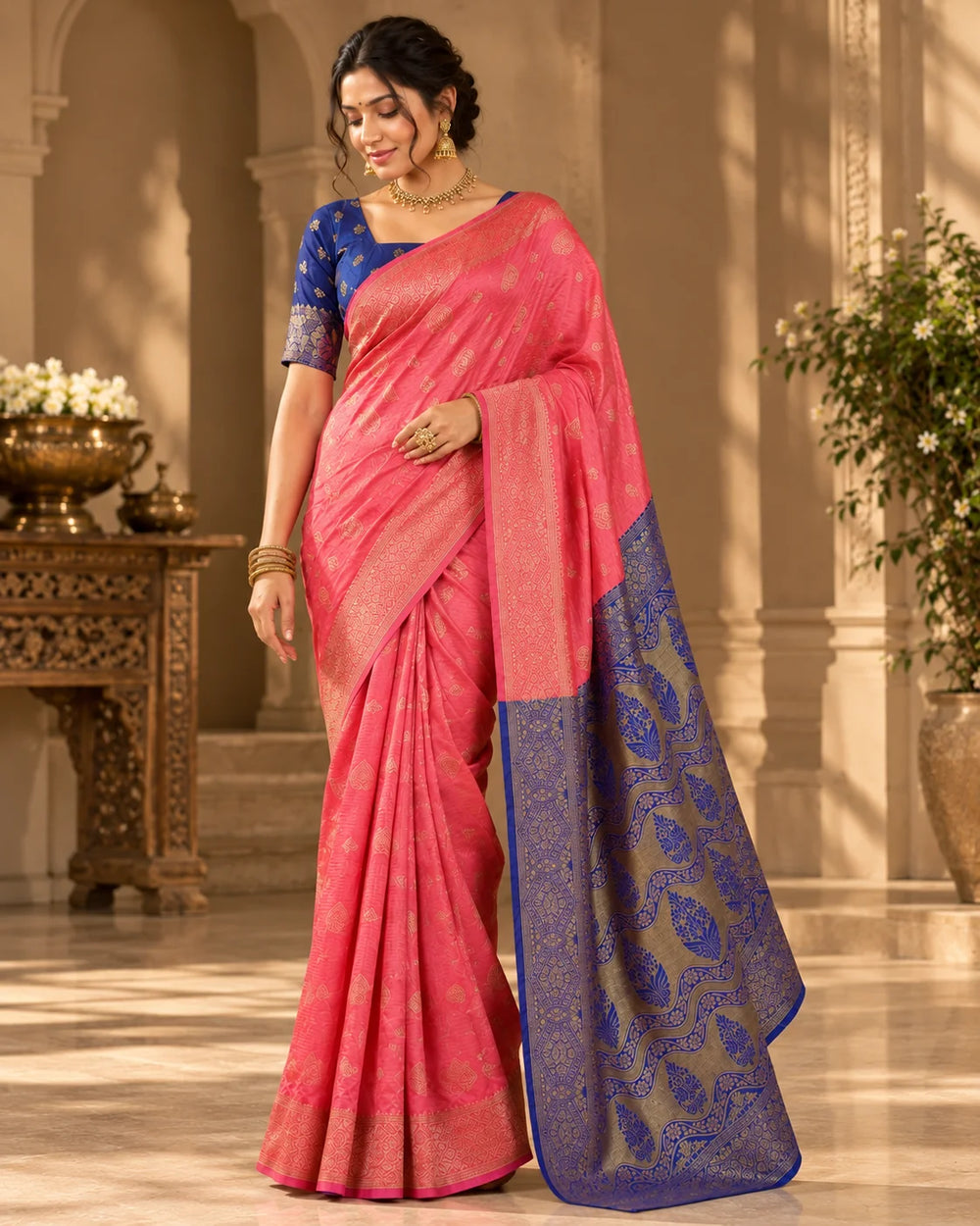 Coral Pink & Royal Blue Banarasi Zari Buti Saree