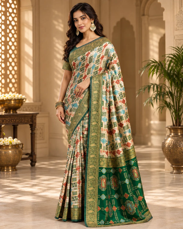 Ivory Cream & Emerald Green Designer Traditional Saree