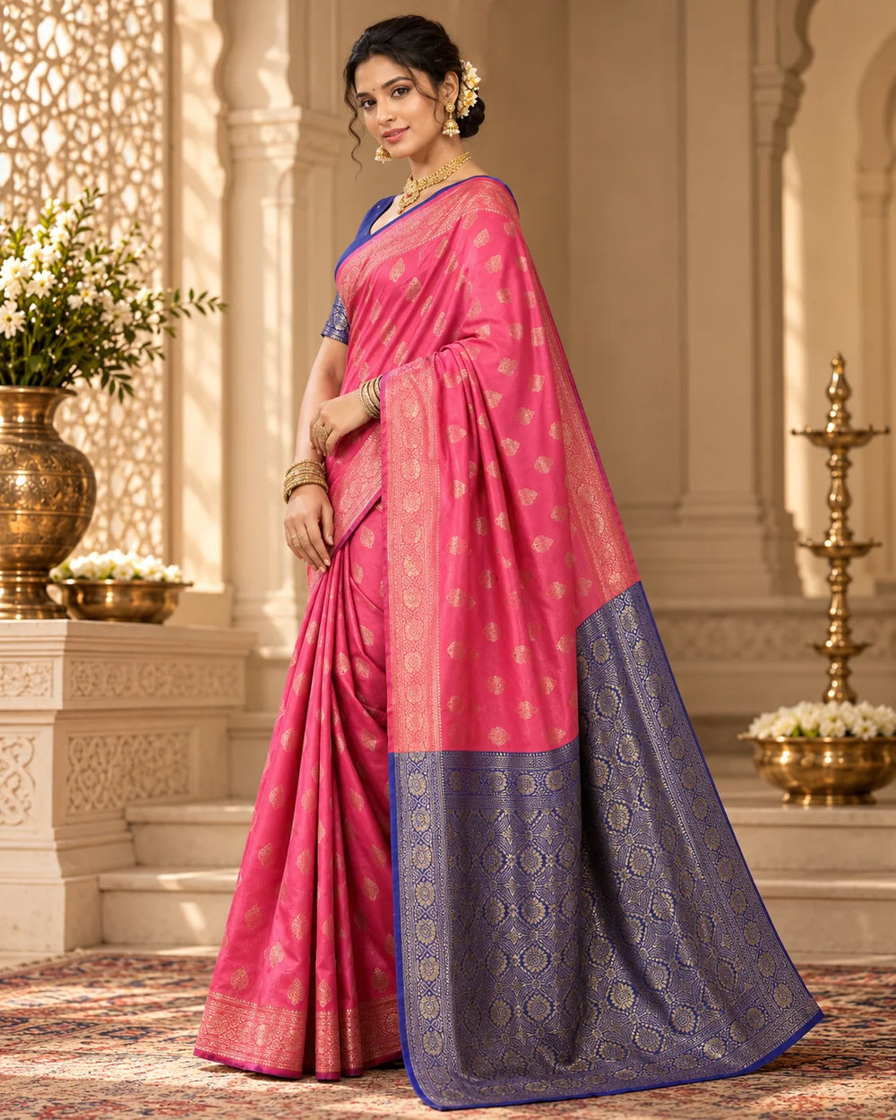 Pink & Royal Blue Banarasi Style Art Silk Saree with Gold Woven Motifs and Rich Contrast Pallu