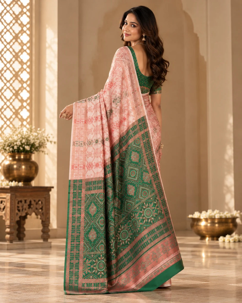 Blush Pink & Emerald Green Designer Traditional Saree