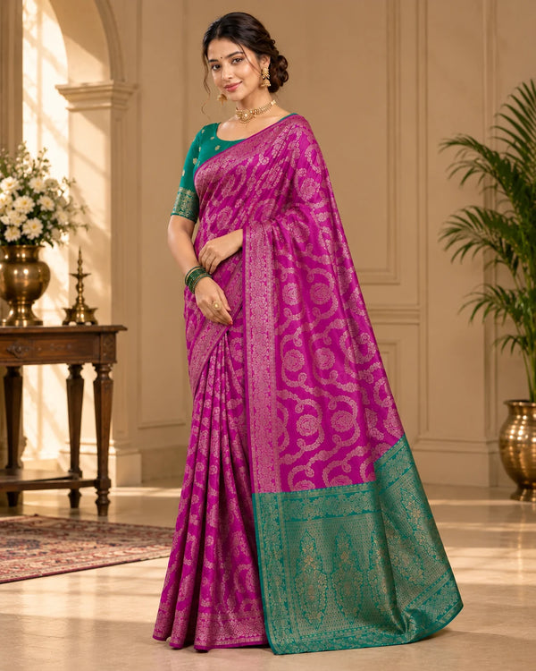 Elegant Magenta Purple & Green Woven Saree with Golden Paisley Motifs & Designer Pallu