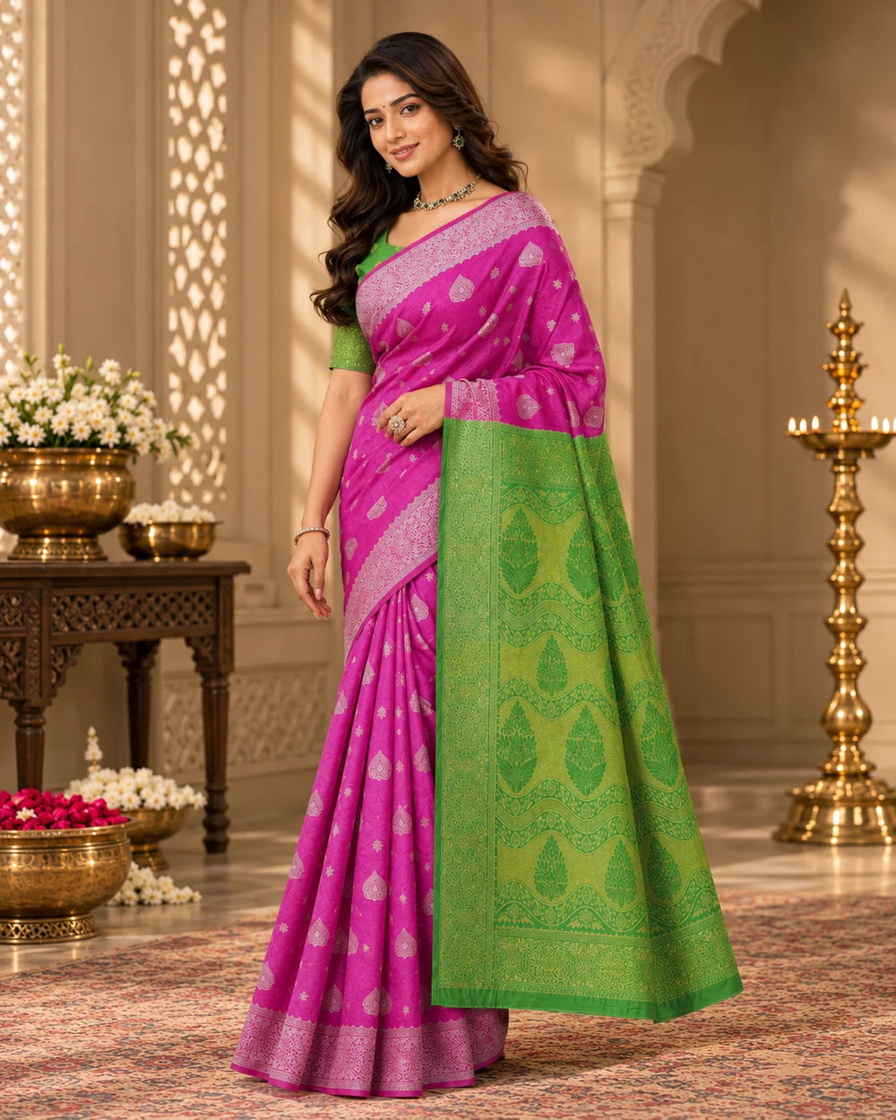 Pink & Green Woven Silk Saree with Intricate Traditional Motifs & Designer Pallu