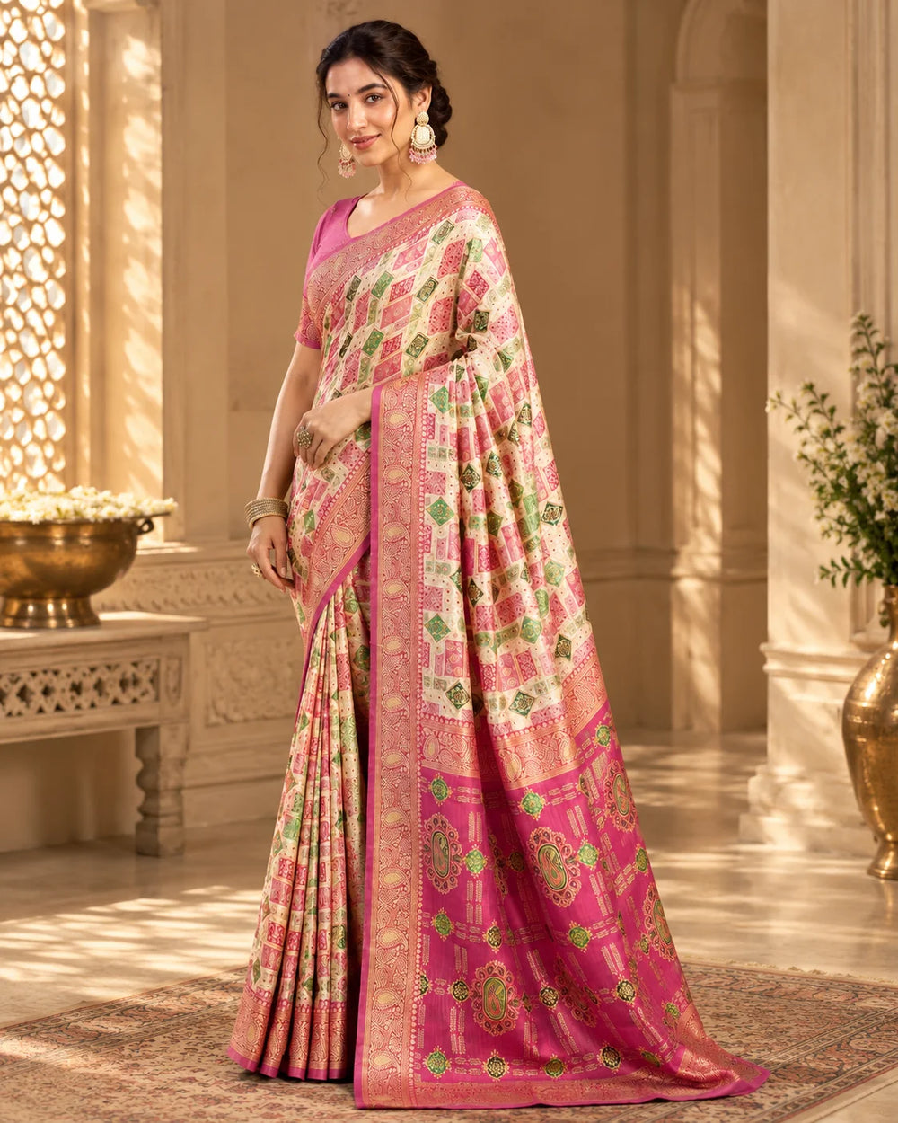Ivory Cream & Rani Pink Designer Traditional Saree