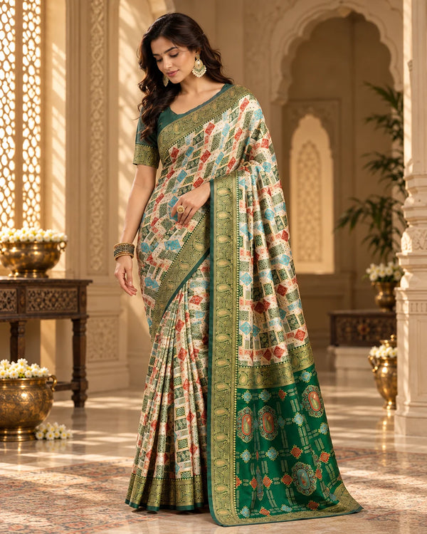 Ivory Cream & Emerald Green Designer Traditional Saree