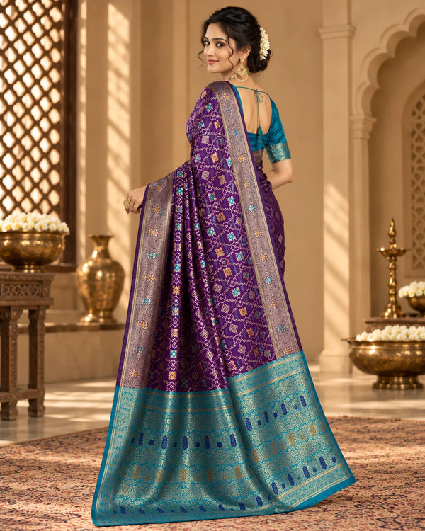 Royal Purple Banarasi Saree with Turquoise Blue Pallu & Traditional Woven Motifs