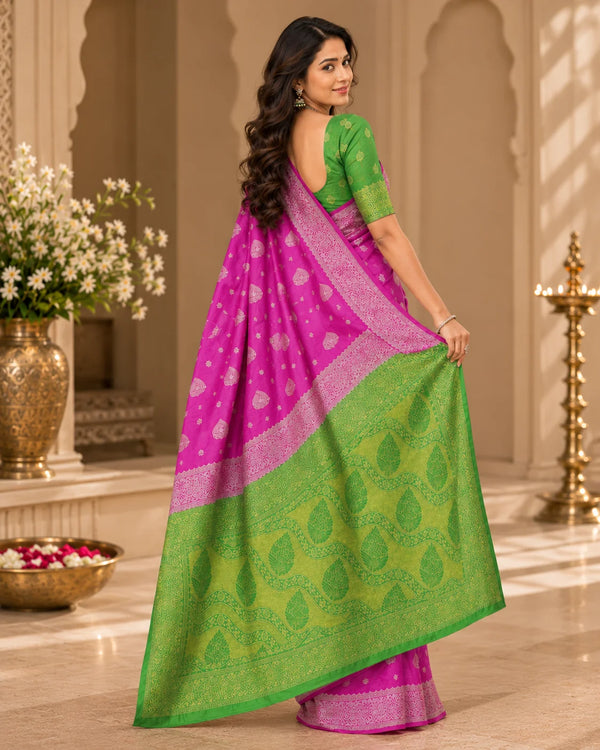 Pink & Green Woven Silk Saree with Intricate Traditional Motifs & Designer Pallu