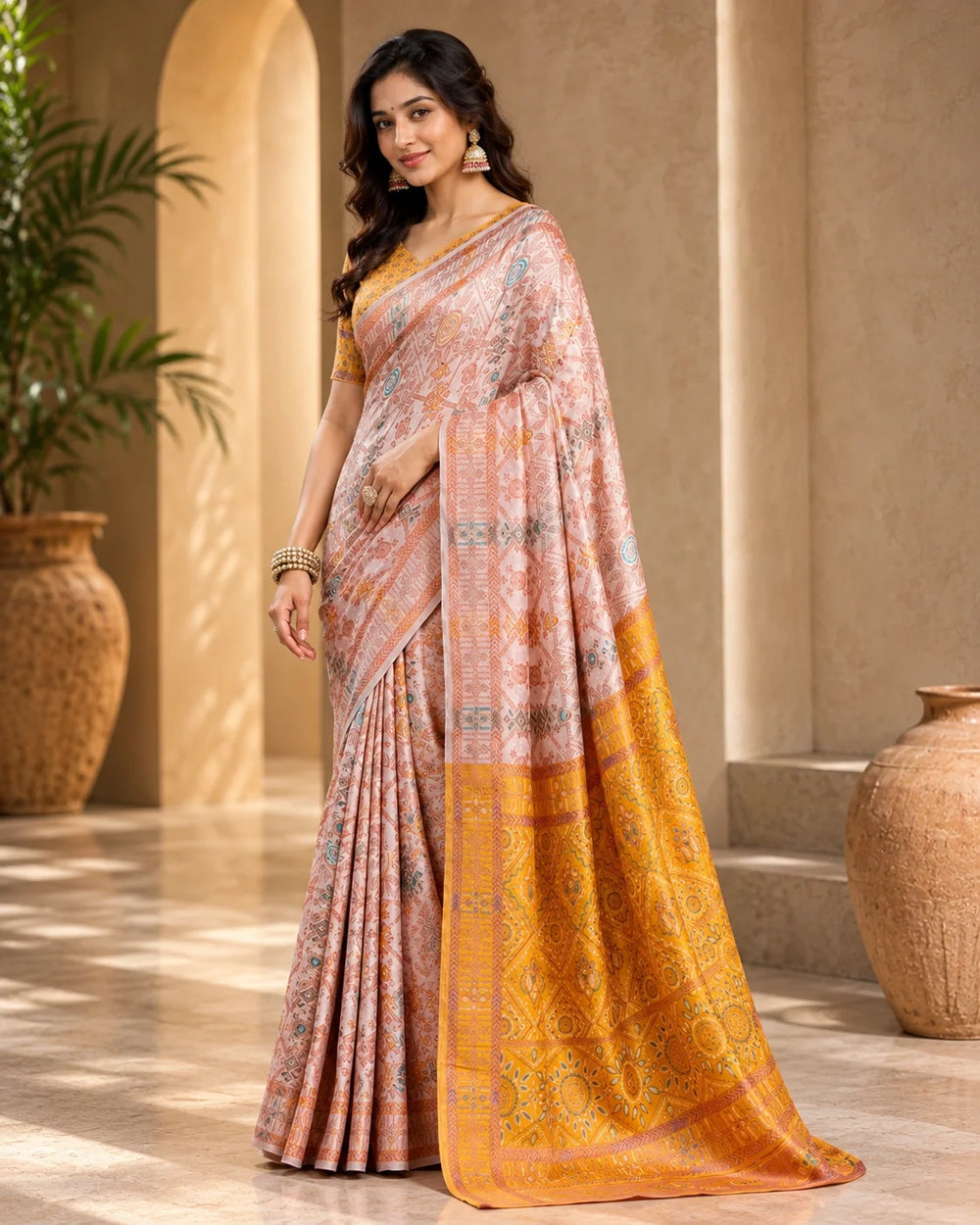 Blush Peach & Mustard Gold Designer Printed Saree