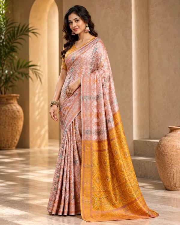 Blush Peach & Mustard Gold Designer Printed Saree